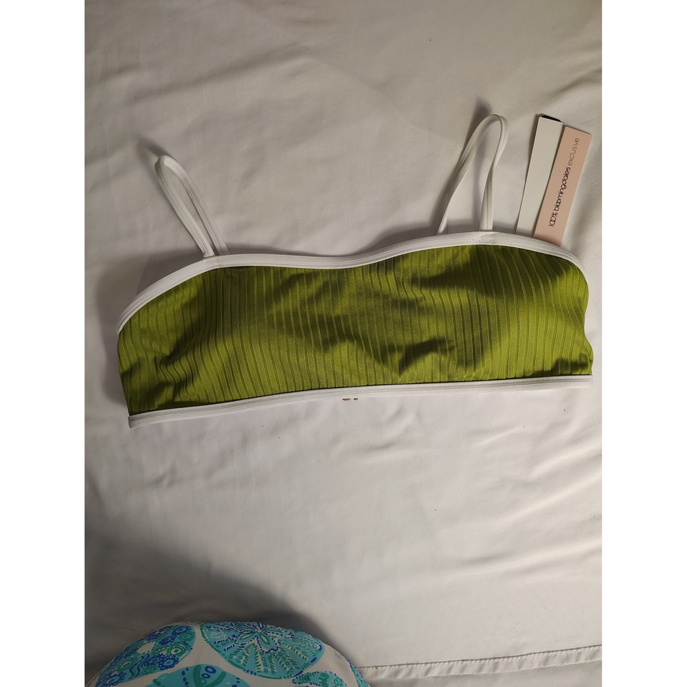 AQUA Swim Ribbed Bandeau Bikini Top Greek Olive Green White Trim NWT AORR25309